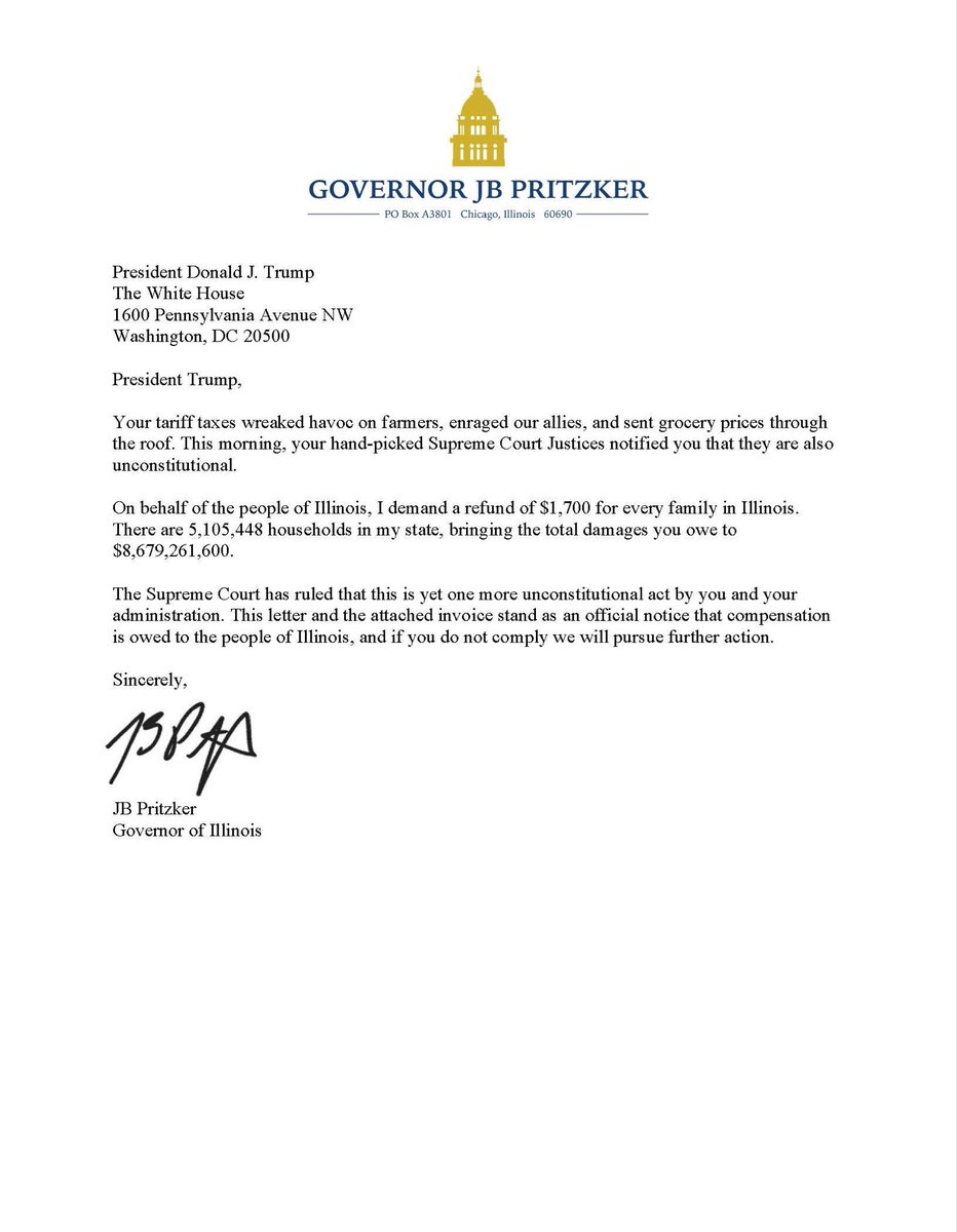 🚨BREAKING: ILLINOIS DEMANDS $1,700 TARIFF REFUND FROM TRUMP