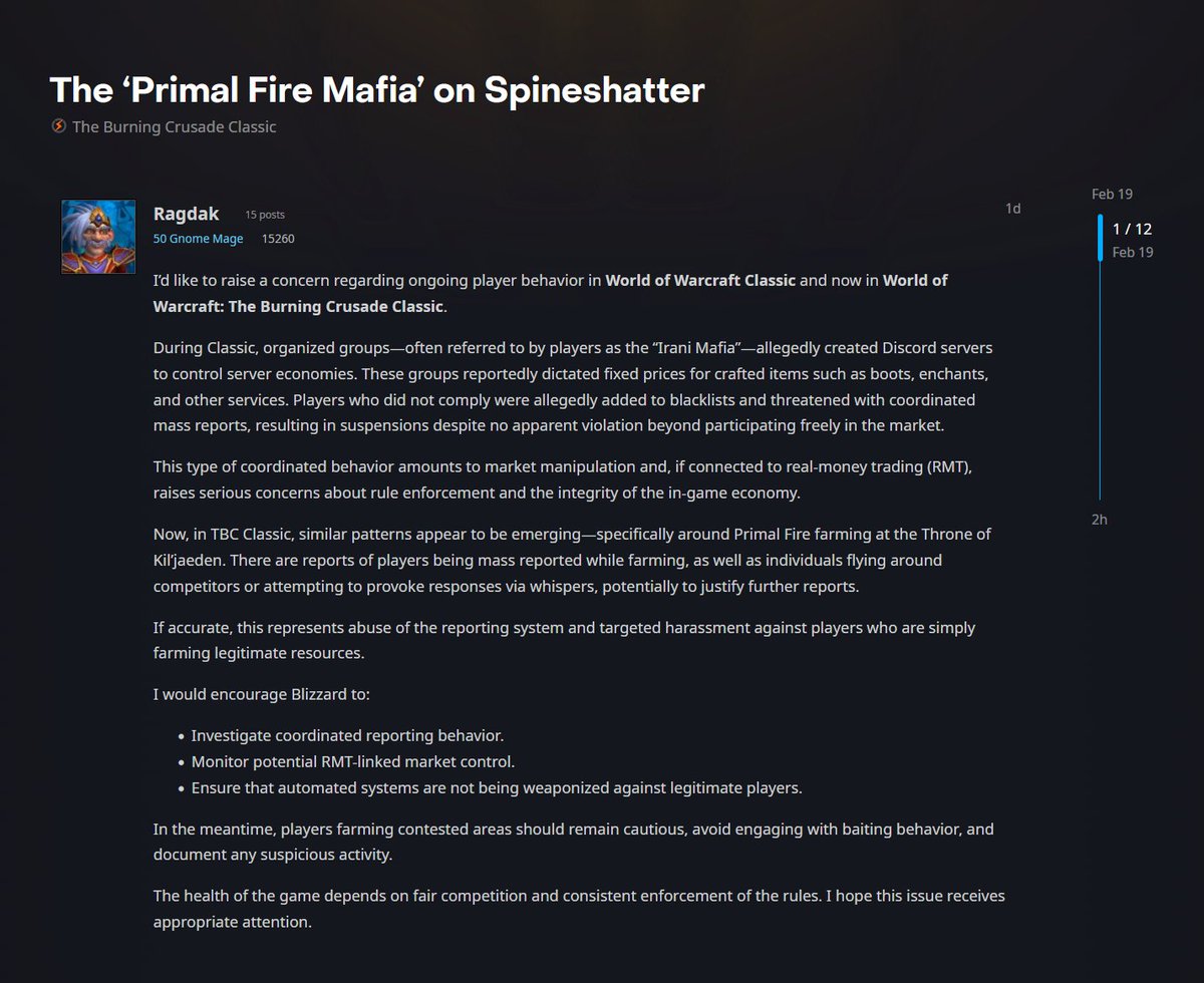<a href="/Greekwario/">Greek Wario</a> I also came across this post, which was posted yesterday around the time my account got mass reported. funnily enough i was at throne attempting to farm some primal fire &amp; was swarmed by alliance players. woke up from a nap &amp; my account was suspended. has me thinking. crazzyyy
