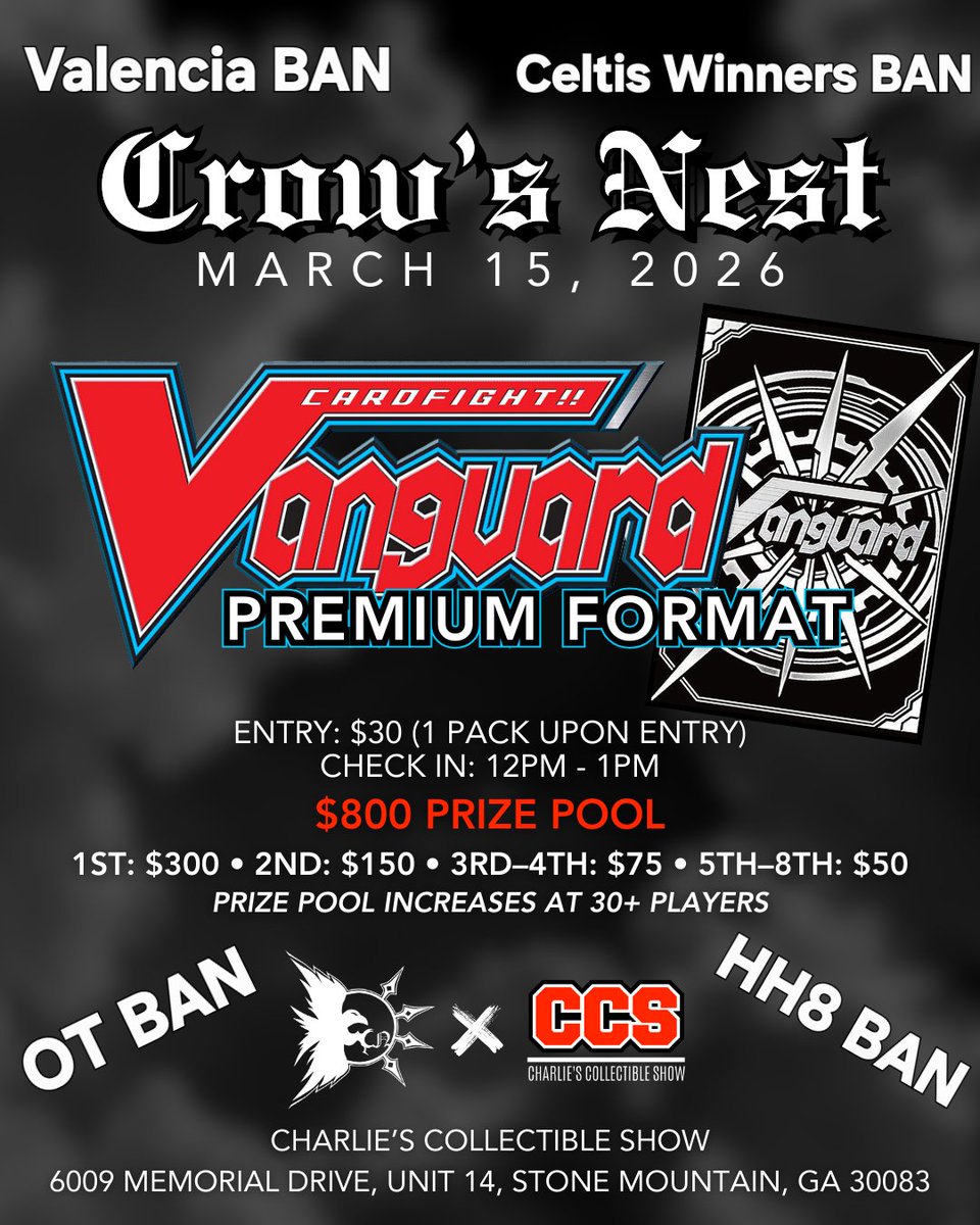 Im late on this life has been happening but Better late than never 😅 2 DAY CROW'S NEST! $1800+ IN CASH PRIZING! Be sure to check out our partners MetaMats <a href="/CCS_Atlanta/">Charlie's Collectible Show</a> <a href="/SlayerCards/">King Slayer Cards</a> 
Day 1: Standard: $1000
Day 2: Premium check below for additional rules 🧵
