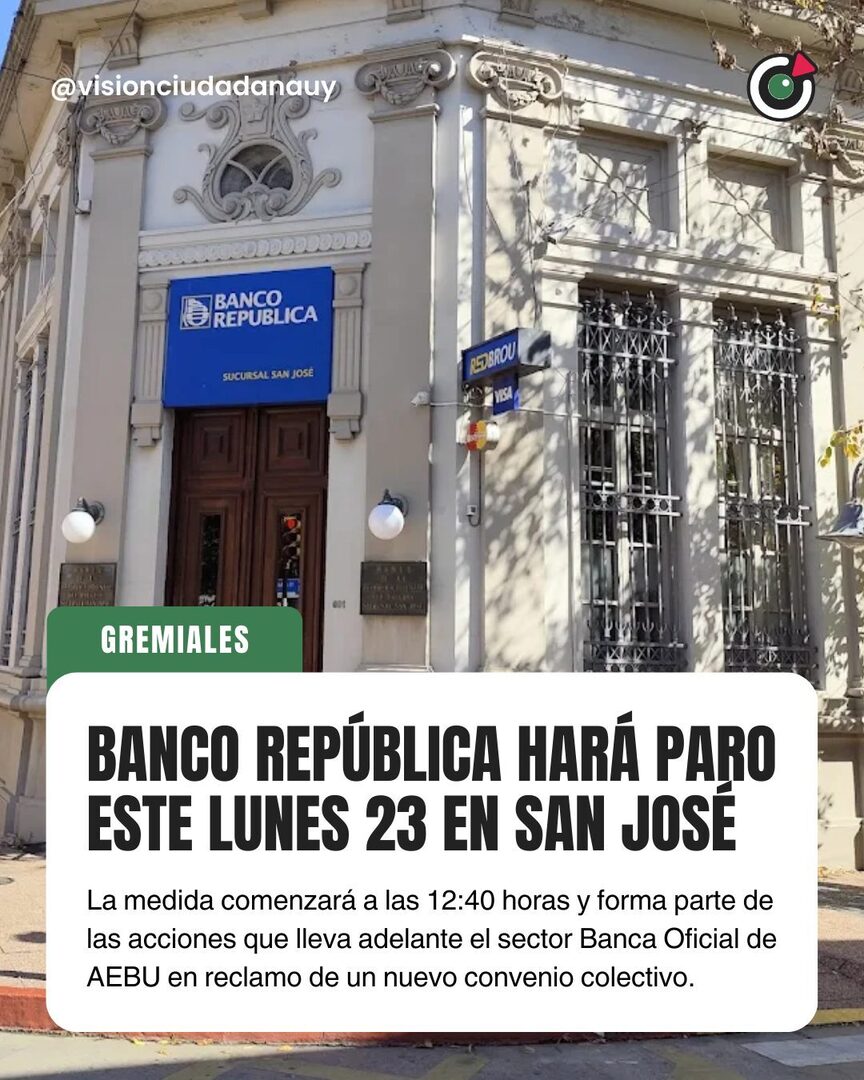 👥 Habrá paro en la sucursal San José el Banco República el próximo lunes 23, en el marco de la negociación del convenio colectivo en la banca oficial.

La medida fue resuelta por el Consejo del Sector Financiero Oficial de AEBU; será con concentración f… instagr.am/p/DU_rHmakgqb/