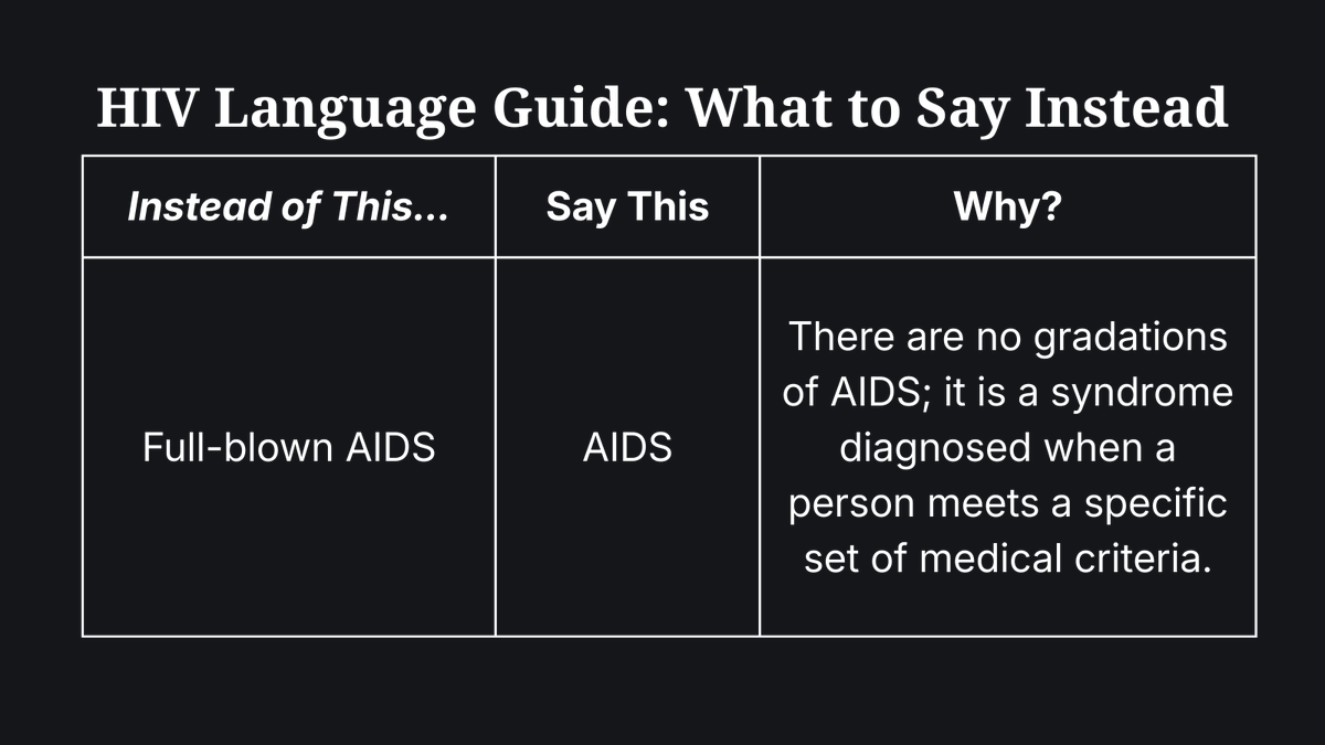 BodyPROHIV's tweet photo. Stigma in #HIV care often starts with language. People‑first terminology promotes dignity, accuracy and better patient rapport. Phrases to retire and what to say instead: https://t.co/OxHCSARsWw

#HIVCare #Medicine #HCP https://t.co/karLsvJ6Wz