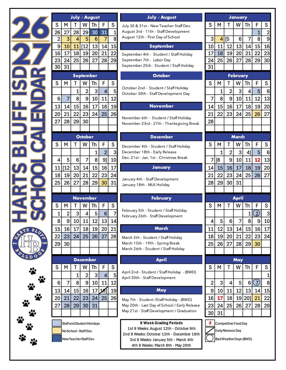 HartsBluffISD's tweet photo. 📅💙💛 2026–2027 Harts Bluff ISD School Calendar 💛💙📅 https://t.co/y6BFK3M0GB via @ParentSquare https://t.co/X7J5t1ojlX