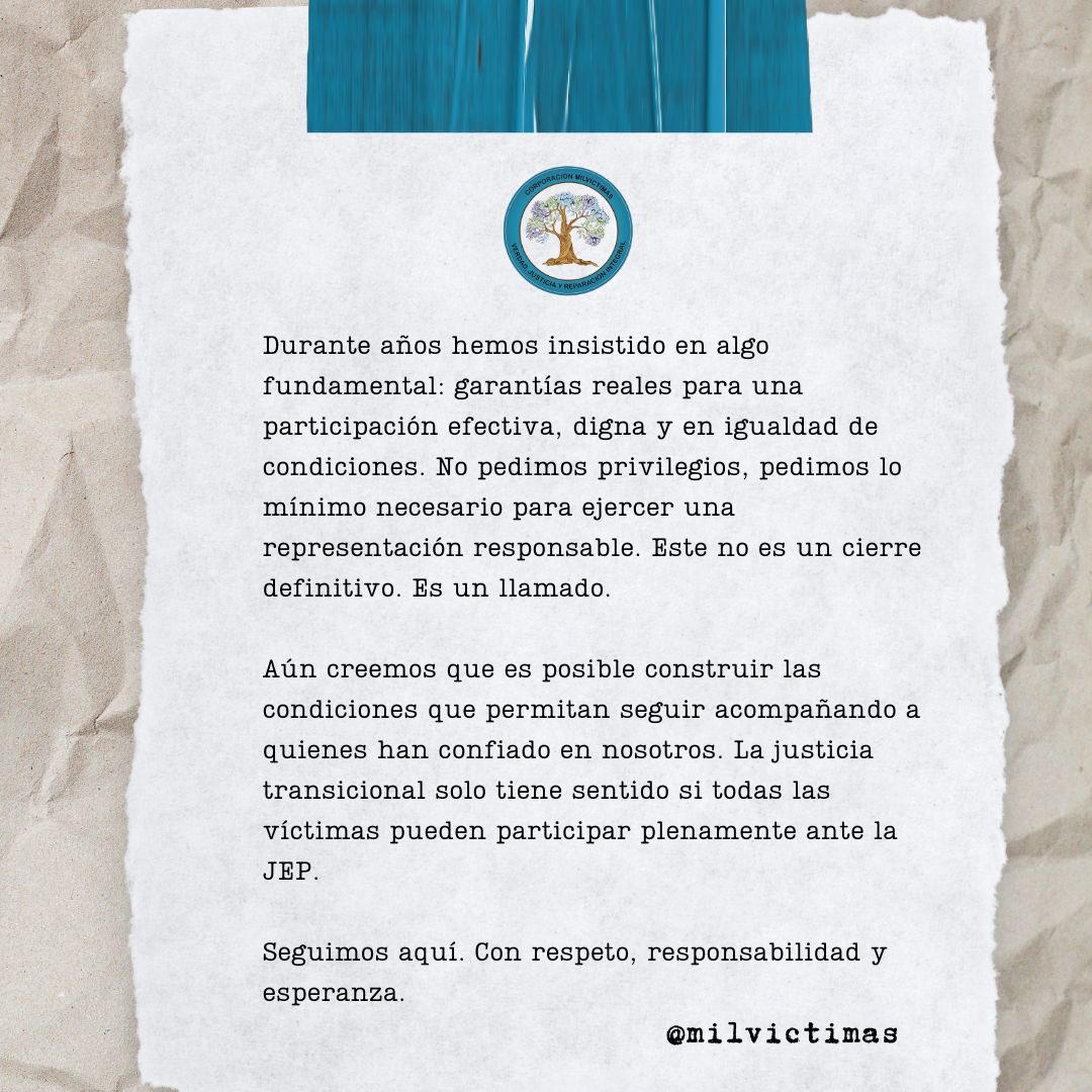⚖️ La participación de las víctimas ante la <a href="/JEP_Colombia/">Jurisdicción Especial para la Paz</a> requiere garantías reales, no solo voluntad.

🤝 Seguimos defendiendo una justicia transicional con igualdad y dignidad para todas las víctimas.

#Caso01 #JEP #MilVíctimas #JusticiaTransicional