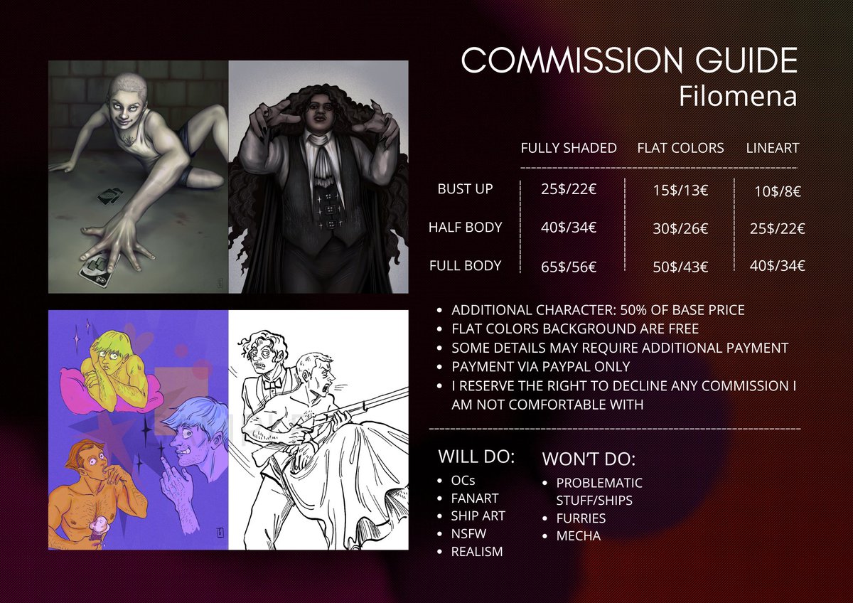 fil000mena's tweet photo. Hi! I just updated my commission sheet. Feel free to DM me if you are interested!!! 💜❤️💜

Share mean a lot!!! #commissionart #commissions #commissionsopen https://t.co/fCCe1Cif3U