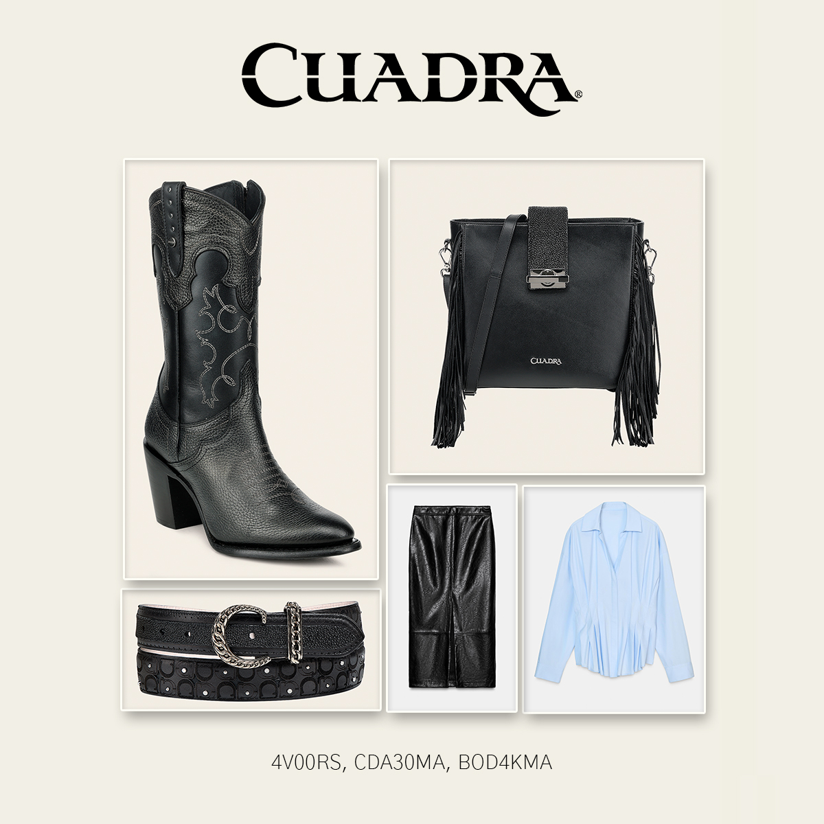 Un look que grita estilo chic y western, con lo sofisticado de los flecos en el bolso y ese match de bota y cinturón western hará un estilo único.