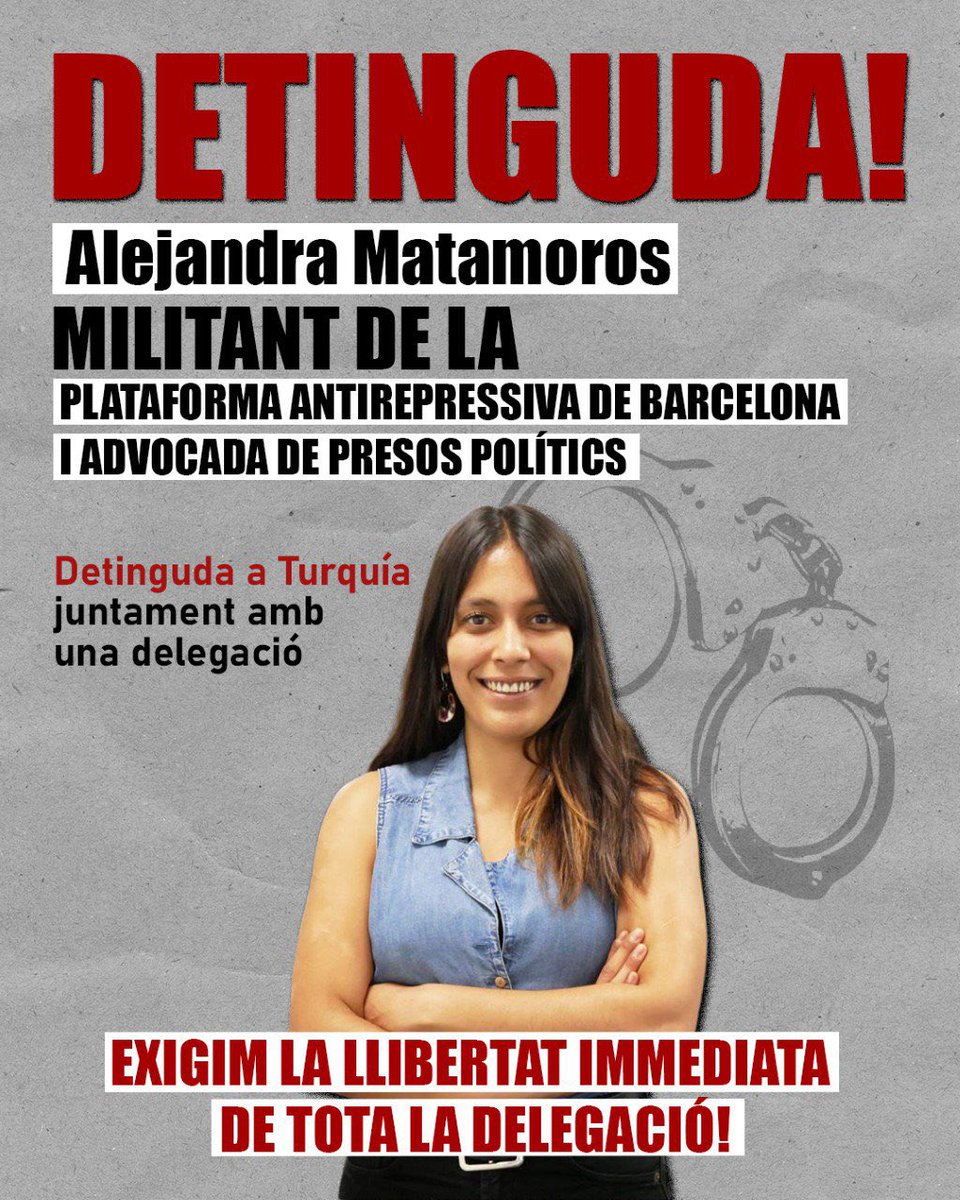 Els 7 detinguts, entre ells una de la Plataforma Antirepressiva de Barcelona, d'una delegació que visitava les presons turques Well-type (pou) on els presos d'esquerra i kurds estan enterrats han estat deportats pel règim d'Erdogan
belganewsagency.eu/activist-arres…