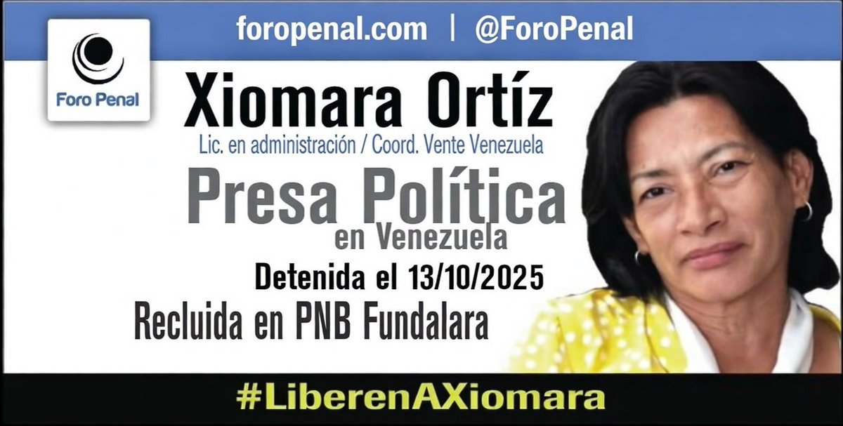 𝗫𝗶𝗼𝗺𝗮𝗿𝗮 𝗱𝗲𝗹 𝗖𝗮𝗿𝗺𝗲𝗻 𝗢𝗿𝘁𝗶𝘇 𝗥𝗶𝘃𝗲𝗿𝗼 𝗱𝗲 𝗣𝗮𝗿𝗮𝗱𝗮, venezolana de 63 años, administradora jubilada del Ministerio de Sanidad y coordinadora de Vente Venezuela en la parroquia Ana Soto (Barquisimeto), hoy se encuentra tras las rejas por motivos políticos.