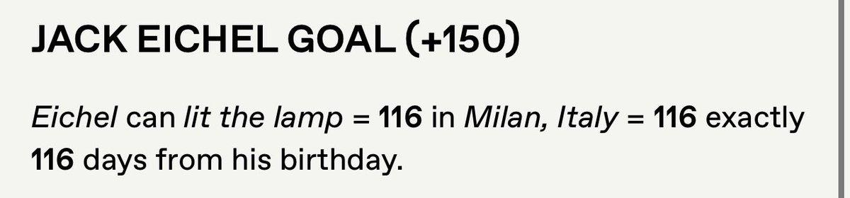 #Gematria❤️‍🔥 bangs again ✅ 

Jack Eichel lit the lamp = 116 in Milan, Italy = 116 exactly 116 days from his birthday 🇺🇸🔢

This play was posted before game time here ⬇️
linktr.ee/signsnsymbols

#TeamUSA #MilanoCortinaOlympics2026