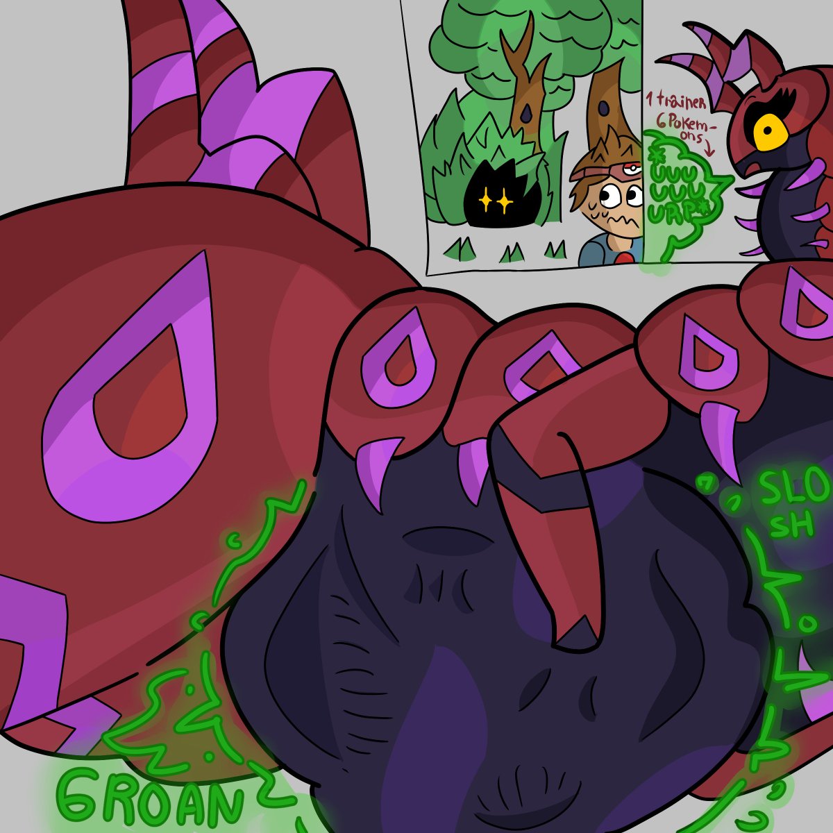 Zlogi55's tweet photo. And here we see a scolipede hunting its prey, before and after~

The biggest mystery is how it always manages to hide its large body in tall grass while, until it's too late, the poor trainers disappear on the road~

If you like my drawing, follow me, I'll keep uploading more :3 https://t.co/naS73IzMWg