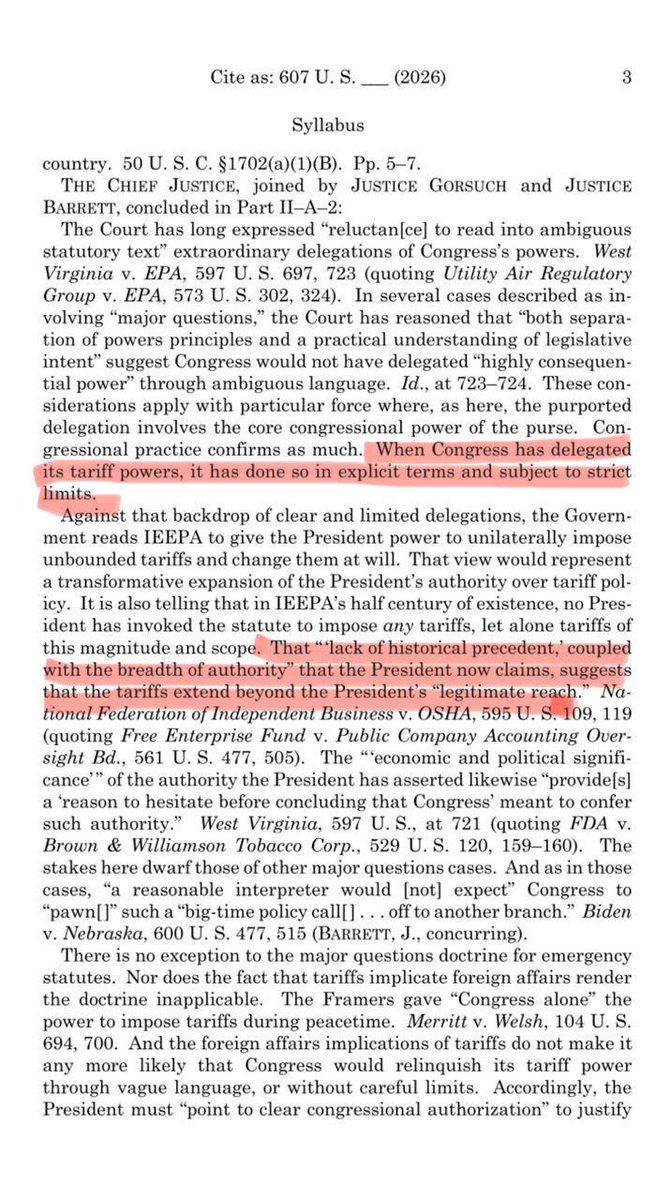 rssurjewala's tweet photo. 1/2
In a landmark Judgment dated 20th February 2026, the United States Supreme Court has quashed President Trump’s powers to impose tariffs.

Let us examine what the United States Supreme Court has laid down in the pathbreaking ruling in the case titled as “LEARNING RESOURCES INC. vs. DONALD J. TRUMP, PRESIDENT OF THE UNITED STATES OF AMERICA”:

1. The Court held that IEEPA – International Emergency Economic Powers Act, 1977 – does not authorise the President to impose tariffs.

2. Under Article 1, Section 8 of the Constitution, only Congress has power to impose taxes, which includes power to impose tariffs.

3. The President has no inherent authority to impose tariffs during peacetime.

4. Whenever Congress has delegated its tariff powers, it has done so in explicit terms and subject to strict limits.

5. Tariffs are beyond the President’s legitimate reach.

The Presidential powers to impose tariffs under IEEPA have been clearly set aside.