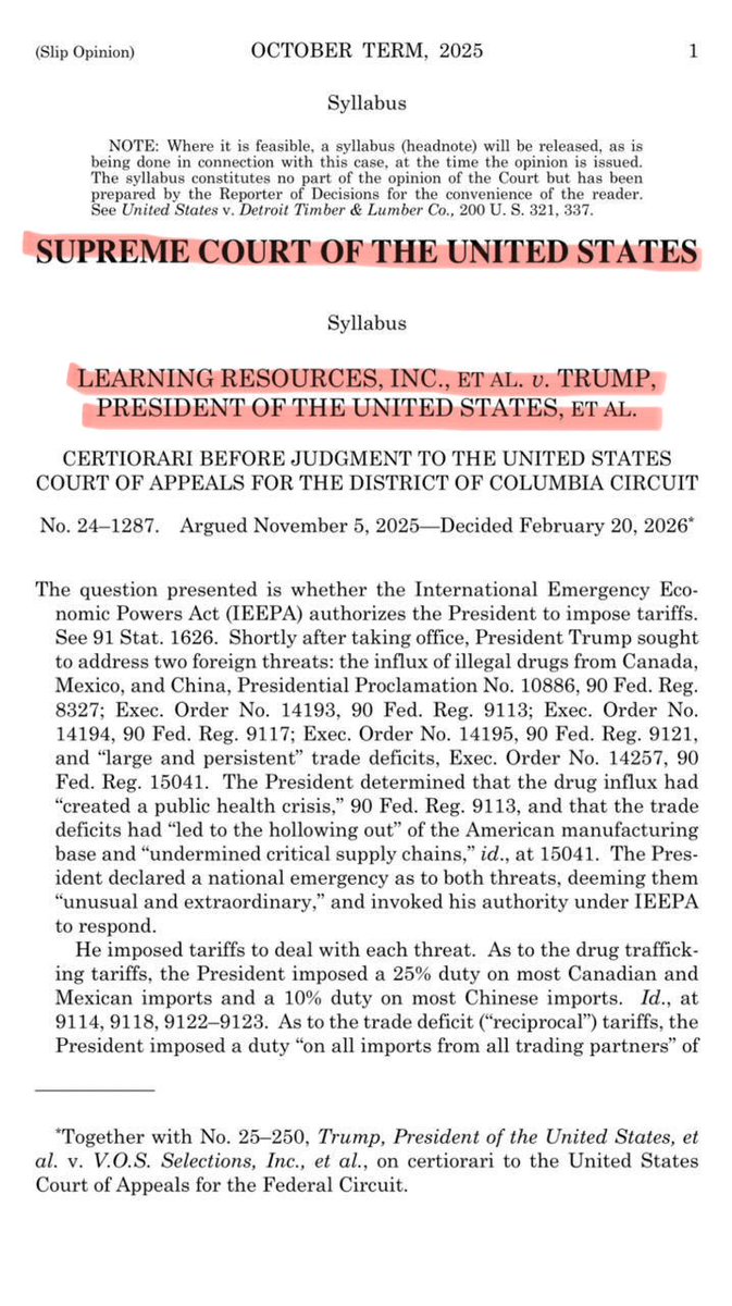rssurjewala's tweet photo. 1/2
In a landmark Judgment dated 20th February 2026, the United States Supreme Court has quashed President Trump’s powers to impose tariffs.

Let us examine what the United States Supreme Court has laid down in the pathbreaking ruling in the case titled as “LEARNING RESOURCES INC. vs. DONALD J. TRUMP, PRESIDENT OF THE UNITED STATES OF AMERICA”:

1. The Court held that IEEPA – International Emergency Economic Powers Act, 1977 – does not authorise the President to impose tariffs.

2. Under Article 1, Section 8 of the Constitution, only Congress has power to impose taxes, which includes power to impose tariffs.

3. The President has no inherent authority to impose tariffs during peacetime.

4. Whenever Congress has delegated its tariff powers, it has done so in explicit terms and subject to strict limits.

5. Tariffs are beyond the President’s legitimate reach.

The Presidential powers to impose tariffs under IEEPA have been clearly set aside.