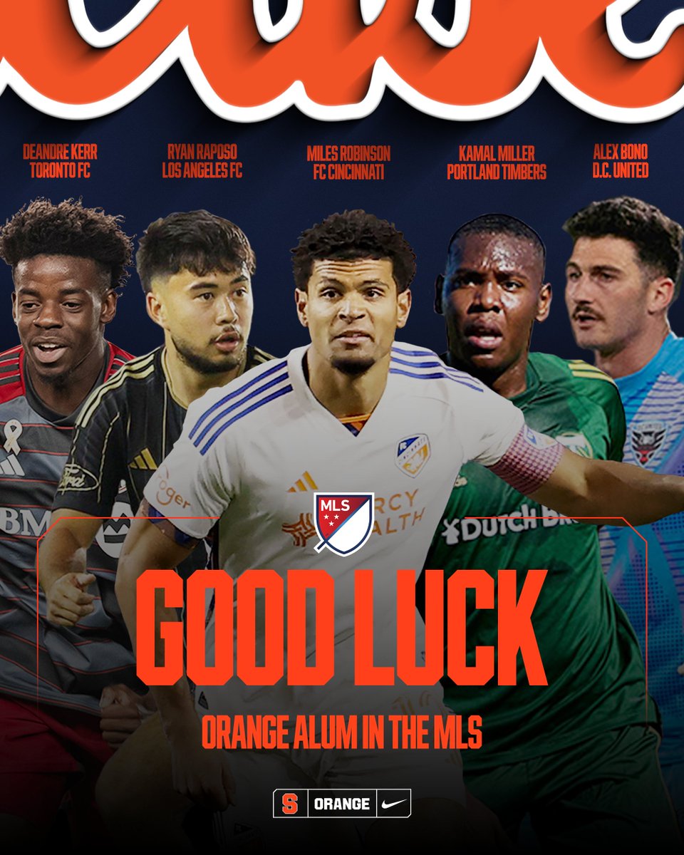 CuseMSOC's tweet photo. Good luck to our Orange alum in the MLS as they start their season tomorrow🍊⚽️

⭐️Deandre Kerr- Toronto FC
⭐️Ryan Raposo- Los Angeles FC
⭐️Miles Robinson- FC Cincinnati
⭐️Kamal Miller- Portland Timbers
⭐️Alex Bono- D.C. United

#DareToDream https://t.co/DQbLqOWisP