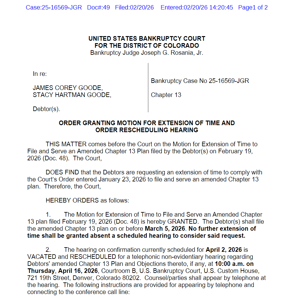 The judge has granted <a href="/CoreyGoode/">Corey Goode (Official)</a> 's request for 2 extra weeks to re-file his bankruptcy, while also informing him that this is his only extension without a damn good reason.

<a href="/StevenCambian/">Steven Cambian</a> <a href="/thehiddenpod/">Hidden In Plain Sight</a> <a href="/scifisuereview/">Sci-Fi Sue Review</a>