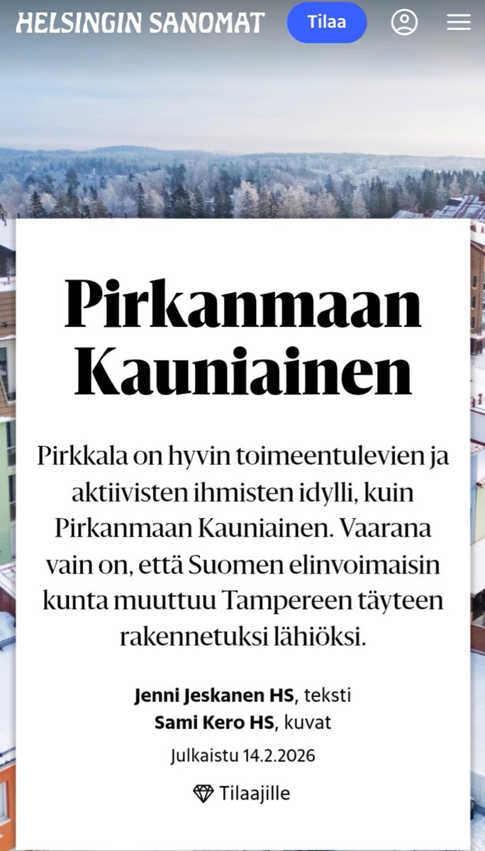 Sarjassa "Hesari on vihervasemmistolainen" 🤪
Harmittaako pääkaupunkiseudun juppeja, että Pirkkala on elinvoimaisempi? Kaunianen ei muuten edes ole meren rannalla, Pirkkalassa rantaviivaa riittää kyllä ihan hyvin. Samoin rakentamatonta maata. Kunhan 👇 #eipuskiaistenmoottoritietä