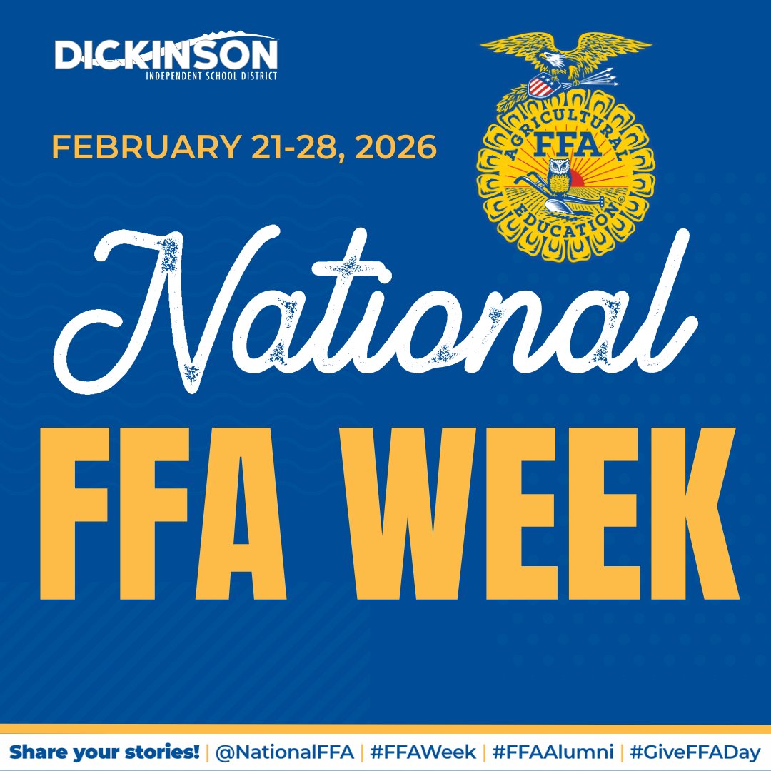 DickinsonISD's tweet photo. Happy National FFA Week! 🌾 Dickinson ISD is proud to celebrate our incredible students in Dickinson FFA who are growing as leaders and preparing to shape the future of agriculture. Your dedication makes Gator Nation proud! 💙🐊

@DickinsonFFA 
#FFAWeek #NationalFFAWeek #FFAProud #FutureLeaders