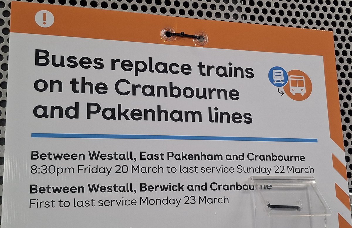 craig_halsall's tweet image. Replacement buses for #PakenhamLine #CranbourneLine in four weeks time, inculding Monday 🚍

#LXRP works for new road underpass at #Dandenong no doubt

#BigBuild #MetroTrains