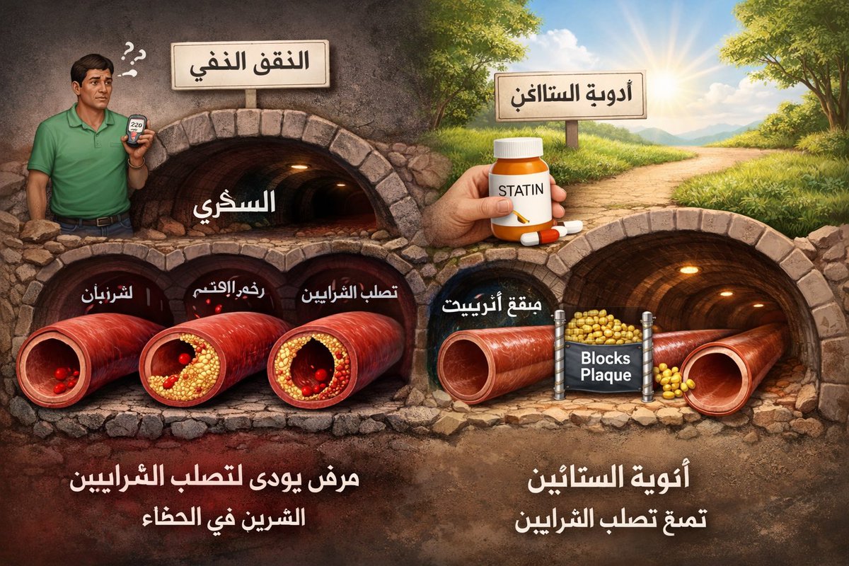 drjoharji1's tweet photo. 🔴بعض المعلومات التي تهمك حول الكوليسترول 

❇️ليس كل ارتفاع كوليسترول في ورقة التحاليل يتطلب تدخل دوائي 

فمثلا شخص عمل تحاليل دورية ووجد الكوليسترول الضار ١٤٠-١٥٠ مثلا لكن ليس لديه خطورة قلبية ( غير مدخن / لايوجد سكر / لايوجد ضغط / لايوجد جلطات سابقة / لايوجد تاريخ مرضي بوفيات قلبية في اعمار مبكرة في العائلة / كوليسترول نافع مرتفع / تحاليل تخصصية اخرى طبيعية مثل apo B , lipoprotein A , مؤشرات التهاب مثل hCRP طبيعية 

هنا بشكل عام لايتم صرف دواء ويتم تقييم مدى الخطورة القلبية إكلينيكيا مع طبيبك

❇️ليس كل كوليسترول طبيعي في ورقة التحاليل لا يتطلب تدخل دوائي

فمثلا المصابين بتصلب الشرايين من لديهم جلطات سابقة ، المصابين بالسكري ، الضغط ، المدخنين قد يتم استخدام الادوية لديهم لوجود (خطورة قلبية ) بغض النظر عن مستوى الكوليسترول، فمثلا مصاب بالسكري نوع ثاني وعمره ٤٨ سنة وكوليستروله الضار ٧٥ ونظامه الغذائي جيد 
مع ذلك نقوم بصرف علاج الاستاتين للوقاية الاولية من تصلب الشرايين ، لان مرض السكر يعتبر (خطورة قلبية عالية )

❇️ادوية الكوليسترول لا تصرف بشكل مؤقت كقاعدة عامة ، بل طول العمر 
لانه بمجرد وقفها يعود الكوليسترول كما كان مرتفع وتختفي فائدة حماية الشرايين

❇️ الهدف الأساسي من ادوية الاستاتين تقليل فرص حدوث تصلب الشرايين 
وليس مجرد تخفيض ارقام الكوليسترول في ورقة التحاليل ، الاستاتين يعمل على تقليل التهابات بطانة الشرايين ويحميها من تصلب الشرايين على المدى البعيد 

❇️ ارتفاع الكوليسترول قد يكون ثانوي بسبب السمنة ، سوء التغذية ، خمول الغدة الدرقية ، استخدام بعض الادوية ، ارتفاع سكر الدم وغيرها من الاسباب 
وقد يكون ارتفاع وراثي ليس له علاقة باكلك ووزنك ، وعادة الكوليسترول الضار فوق ١٩٠ مؤشر على انه كوليسترول وراثي 

❇️ ادوية الكوليسترول معتمدة وآمنة بشكل كبير وذلك لا يعني انها خالية ١٠٠٪ من اعراض جانبية مثل الم العضلات ( ليس شائع جدا )
وفي حالة لم يناسبك علاج معين ، يتم تغيير الدواء والجرعات لحين الوصول إلى علاج يناسبك وليس ترك الدواء بالكامل 

❇️ عندما يصرف لك طبيب علاج كوليسترول فإن الفائدة المرجوة من العلاج من ناحية حماية كامل شرايين جسمك تتفوق على الاعراض الجانبية التي قد تحدث ويمكن تفاديها .