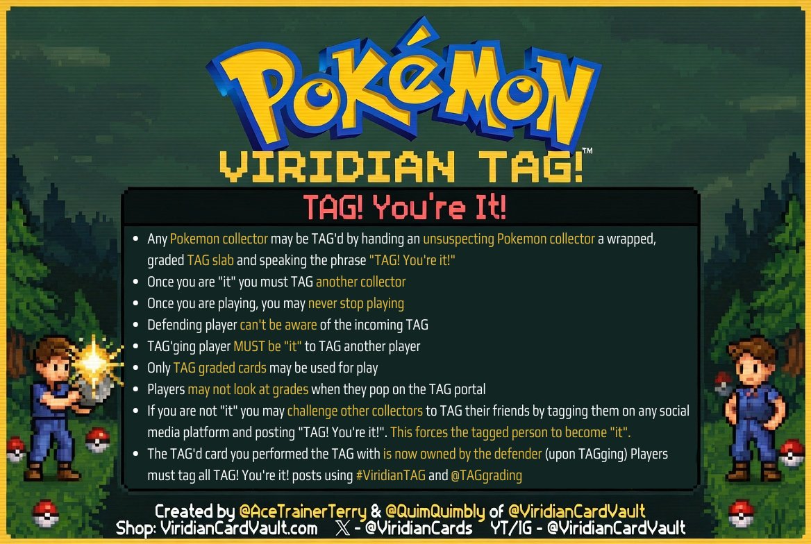 If you watched this video and you're wondering how to play Viridian TAG yourself, we've created a rule set for you all!

TAG your friends with your <a href="/TAGgrading/">TAG</a> slabs using the rules below, and don't forget to show us here at the shop by using #ViridianTAG across any socials. 💚