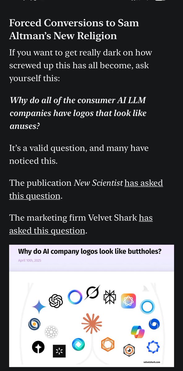 Why do all of the consumer AI LLM companies have logos that look like anuses? Is a great question explored by one of my favorite thinkers, Lauren Balik, in her article “The Talmudic Stock Bubble, Al Psychosis, &amp;
Esoterrorism” Highly recommend giving her Substack a follow.