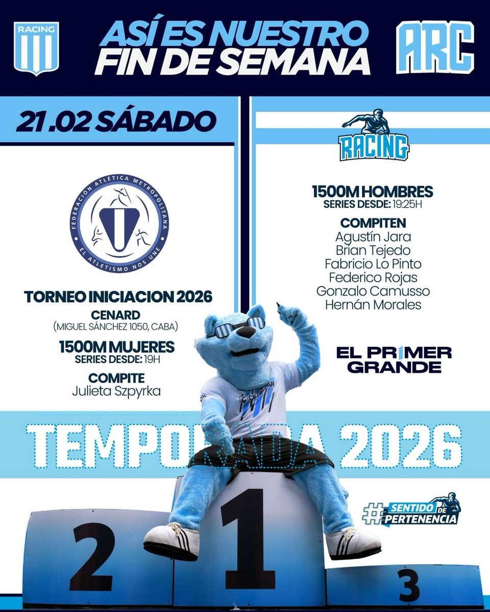 temporada 2026 está a punto de empezar.
Mañana vuelve la pista, vuelven los torneos de <a href="/webfamok/">Federacion Atletica Metropolitana</a> y <a href="/AtletismoRacing/">Atletismo Racing</a> lo sabe.
Este sábado, con el Torneo Iniciación 2026, el CeNARD recibe a 7 de los nuestros. Con muchos debuts y expectativa  <a href="/RacingClub/">Racing Club</a>  
🎓🏃🏼‍♀️🏃💪🙌🩵🤍🩵
