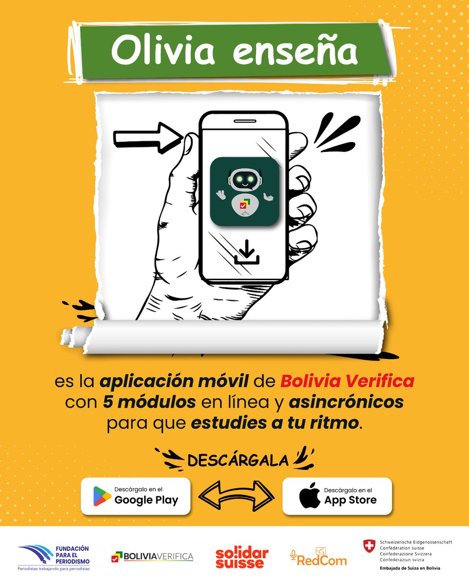 BoliviaVerif1ca's tweet photo. Empieza a verificar hoy desde cualquier lugar y a tu ritmo con clases prácticas e interactivas. 😄✅
📱 ¡Descarga la aplicación y aprende sin costo!
iOS: https://t.co/AEpxcPRnxd
Android: https://t.co/kws38hRfLY
#OliviaEnseña #Verificacion #BoliviaVerifica #aplicacionmovil https://t.co/E83VgLXJky