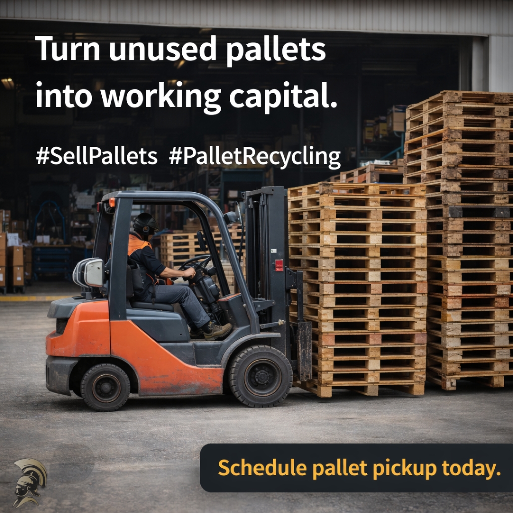 PalletJunction's tweet photo. Turn unused pallets into working capital. #SellPallets #PalletRecycling https://t.co/huwJG3cEpf