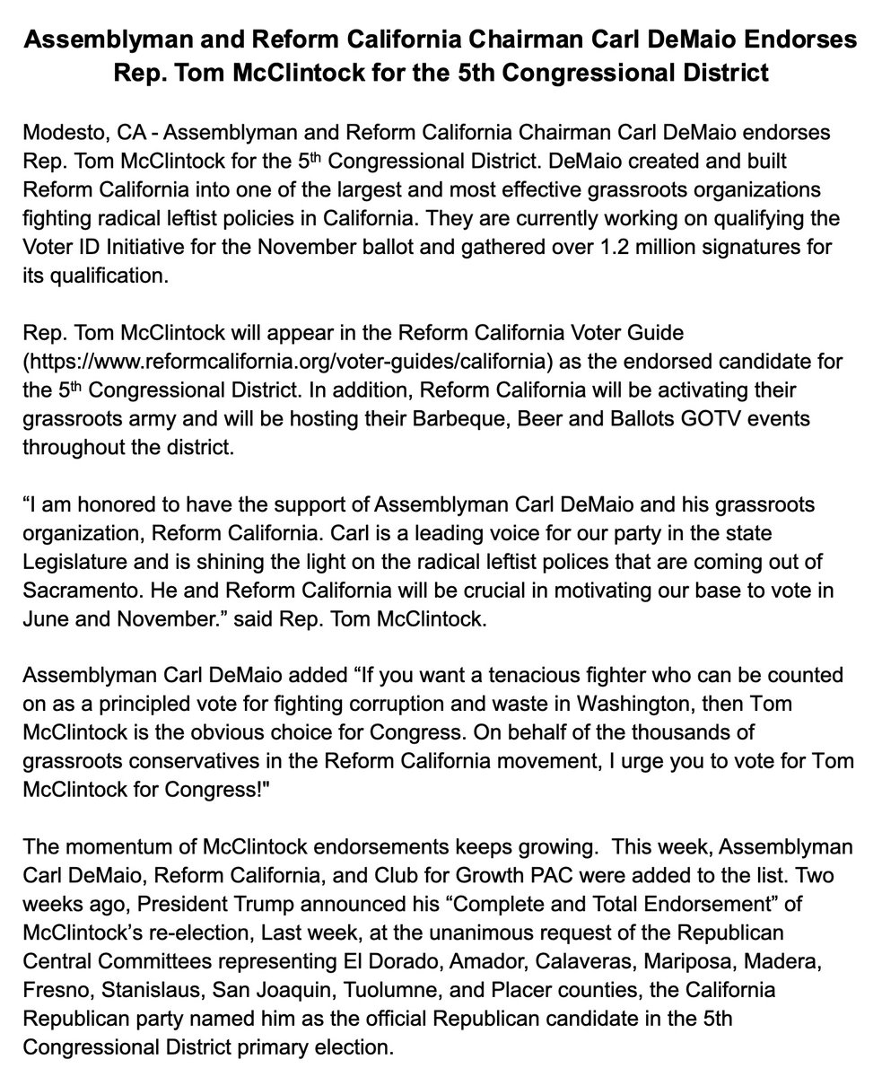 tommcclintock's tweet photo. I am honored to have the support of @carldemaio and his grassroots organization, @ReformCalif. Carl is a leading voice for our party in the state Legislature and is shining the light on the radical leftist polices that are coming out of Sacramento. https://t.co/qFtnxINjSs