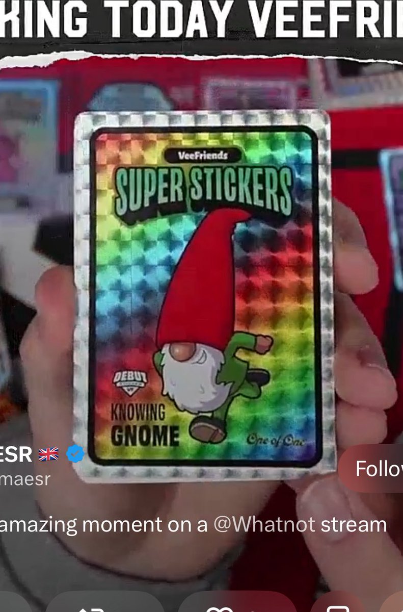 grailmaxi's tweet photo. 🚨 🚨 🚨 GRAIL PULLED 🚨 🚨 🚨 
@SCD_HOTC has pulled the 1/1 @veefriends Spectacular Super Stickers Debut of the Knowing Gnome and it is beautiful 😍 🤩 😻 

@garyvee @VeeCardsTrack https://t.co/6aXEp2OVUP