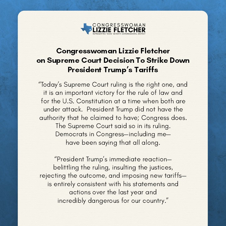 RepFletcher's tweet image. My statement on the Supreme Court's decision to strike down President Trump’s tariffs.