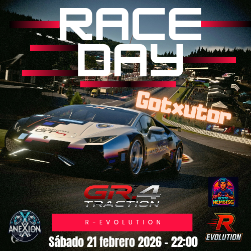 ❌RACE DAY❌

GR4 Traction Cup by 
<a href="/EPLF_Azkenportu/">R-EVOLUTION</a>

Hoy toca un clásico del automovilismo. Nos vamos a Spa! Se viste de piloto hoy <a href="/Gotxutor/">Rubén (Gotx)</a>!  Suerte compañero! 

A partir de las 22:00 en el canal de Twitch de #ElTitoNemesis 

Go go go!
