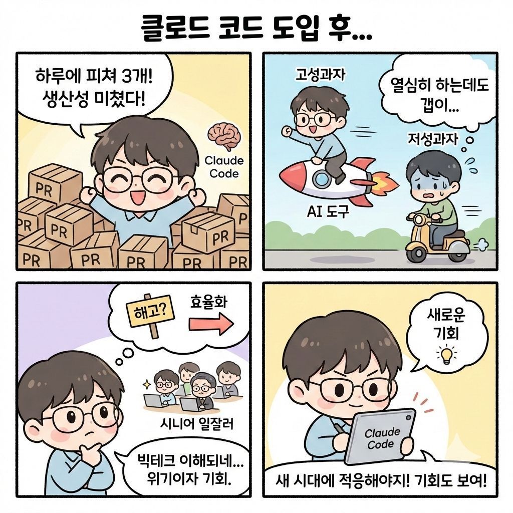 block_atom's tweet photo. 네이버에서 클로드 코드 도입 이후.. (블라인드 펌)
사내에서 클로드 코드 엔터프라이즈 도입후 석달째.

많은 변화가 보임. 아래는 짧은 소회.

1. 생산성 미침
- 하루에 1천라인 육박하는 피쳐 3개씩 pr 올리기 쌉가능
- 코드 리뷰가 팀의 바틀넥이 됨
- 룰설정 잘하면 코드 퀄리티도 더 좋음
- tc 를 너무 잘짜줌. TDD 로 자연스럽게 전환

2. 인당 퍼포먼스 차이 벌어짐
- 기존 고성과자 저성과자가 3배정도 퍼포먼스 차이였다면
- 툴 도입 후, 10배까지 벌어짐
- 잘쓰는 사람은 날개를 달았고, 못쓰는 사람도 생산성은 올라갔지만 최상위권과는 차이가 아득하게 더 벌어짐
- 고성과자는 풀어야할 문제, 전체구조를 이해하고 있으니 일을 만들어서 척척 해냄
- 시키는 일을 주로 하던 저성과자는 시키는 일 자체는 더 효율적으로 처리하지만, 문제 정의와 업무 발굴이 약해서 전체 산출물은 고성과자와 갭이 더 커짐

3. 빅테크 사람 자르는거 이해됨
- 내가 사장이면 ai 잘쓰는 고성과자 몇몇 추리고 효율화 하고 싶은 유혹 강하게 느낄듯
- 시스템 이해도 높고 손빠르고 꼼꼼한 시니어 일잘러 소수면 미친 생산력 뽑아낼수 있을듯
- 위기이자 기회

이제 다시 도구가 없던 시절로 회귀는 못할거 같고,

새로운 시대에 적응해야겠음.

반대로 기회도 보임.

---------------

나는 개발자가 아닌데도 원하는 기능을 가진 토이 프로젝트를 로컬 서버에서 구현하는 데는 클로드 코드로 별 문제가 없다. 

정말 잘하는 개발자들 입장에서는 얼마나 이 도구가 사랑스러워 보일까?
