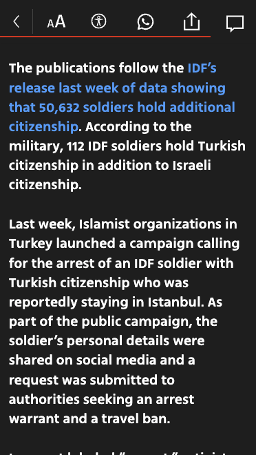 🔴 İsrail ordusunda görev alan çifte vatandaşların ifşa edilmesi İsrail basınına yansıdı..

🗣️ Tel Aviv merkezli Yediot gazetesi:

"Türkiye'deki İslamcı aktivistler çifte vatandaşlığı olan İsrail askerlerini yakalamak için 'av' başlattı.

Askerlerin kimlikleri ve kişisel