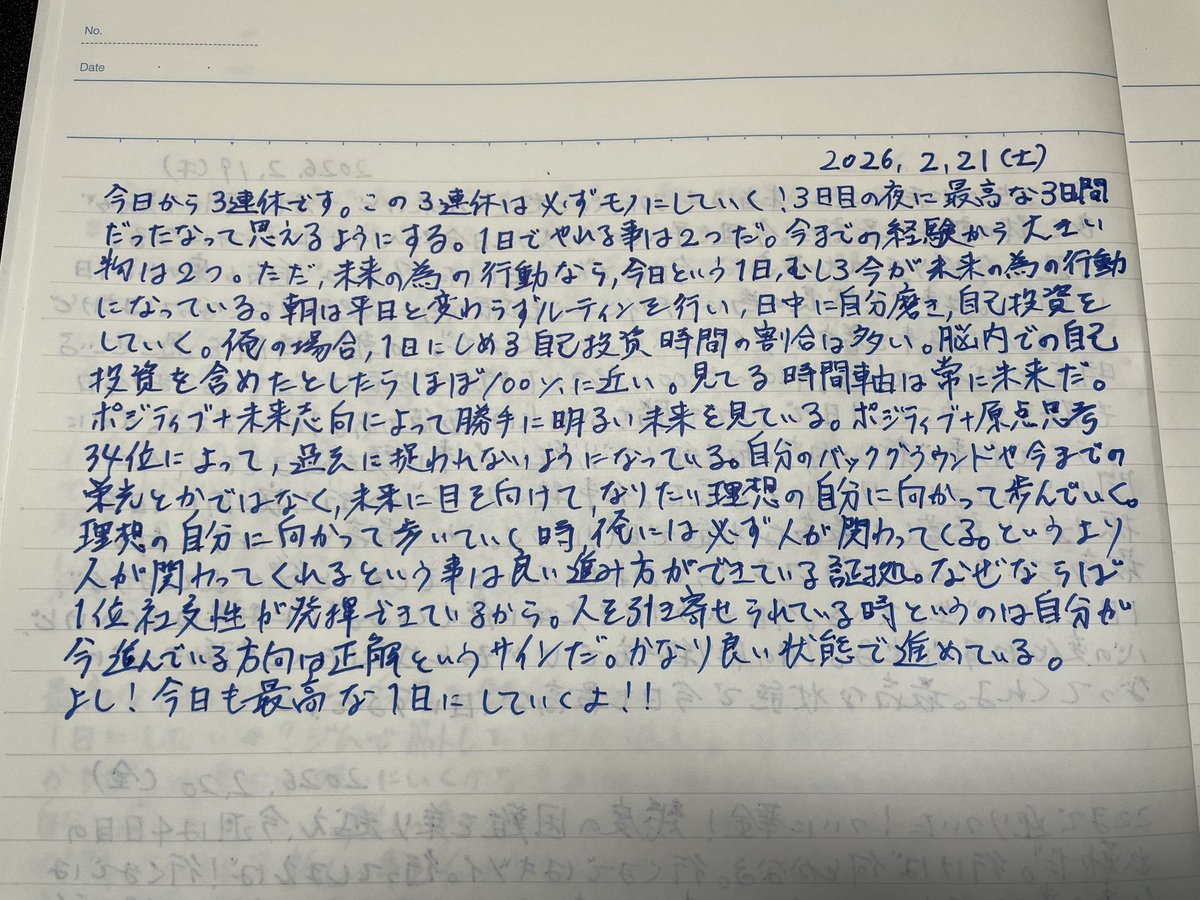 おはよう🌞
起床時間6:20
睡眠時間4.5時間
体重74.4kg(-0.4)
血圧102/66 脈拍69

今日のジャーナリング公開します
今の状態がかなり良い事を再認識できた👍
今日も最高な1日にします💪