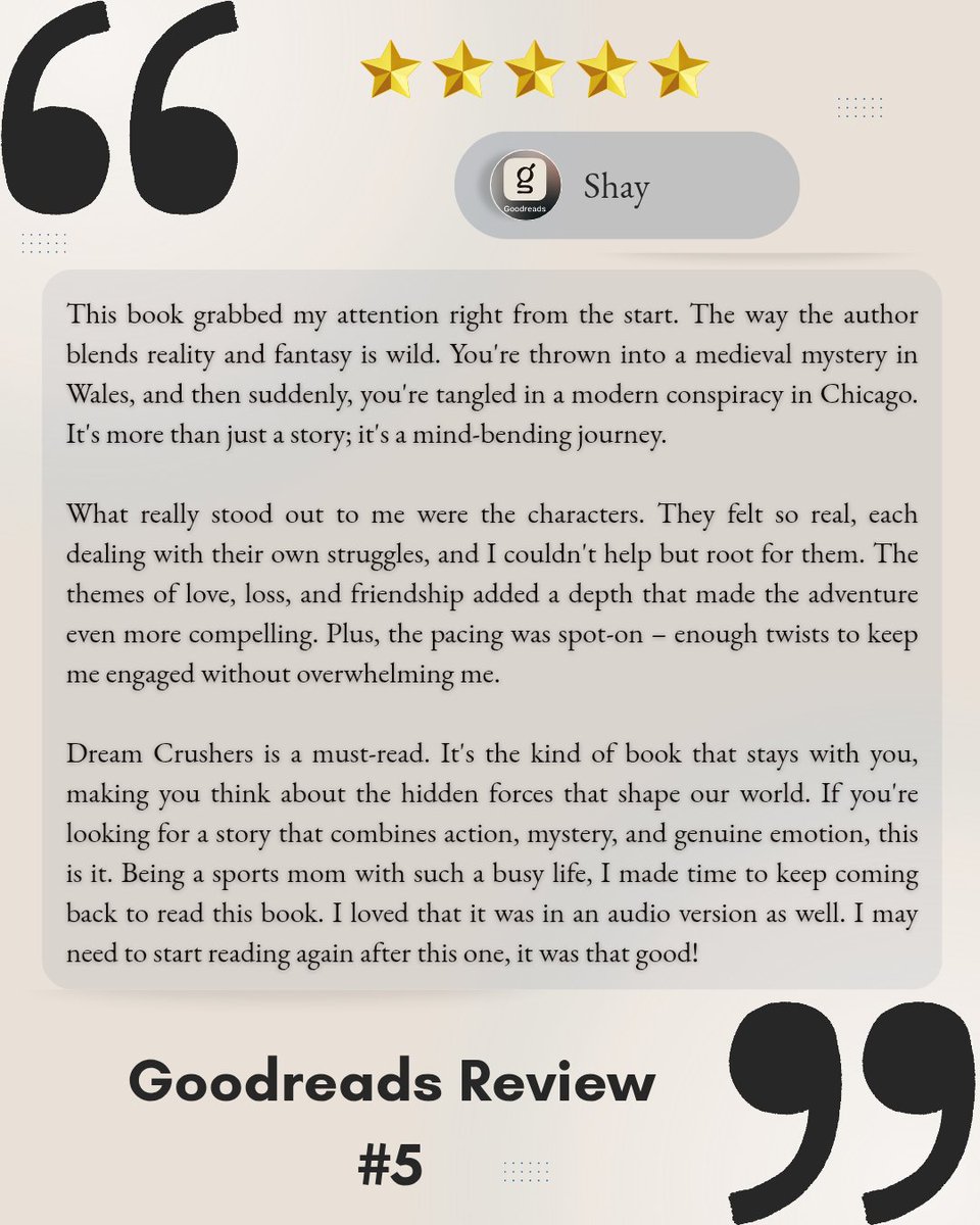 Another five star review for Dream Crushers! I am still looking for beta listeners. If you are interested, please send me a DM.