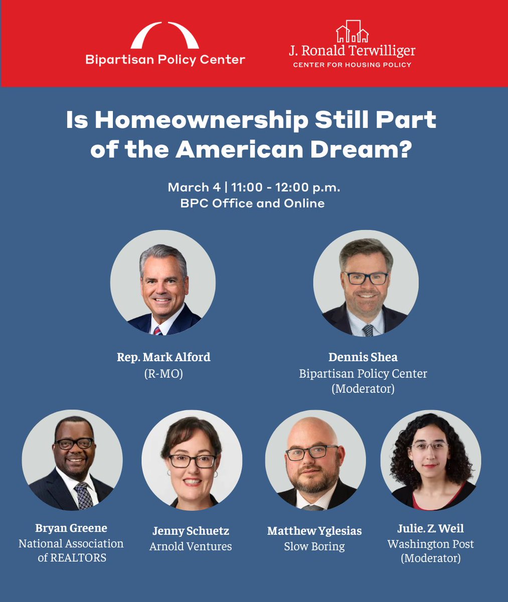🏘 Is homeownership still part of the American Dream?

🎙️ On March 4, we will host Bryan Greene of <a href="/REALTORS/">REALTORS</a>, <a href="/jenny_schuetz/">Jenny Schuetz</a> of <a href="/Arnold_Ventures/">Arnold Ventures</a>, <a href="/mattyglesias/">Matthew Yglesias</a> of Slow Boring, <a href="/juliezweil/">Julie Z. Weil</a> of <a href="/washingtonpost/">The Washington Post</a>, and our own <a href="/DennisCShea_/">Dennis Shea</a> to discuss homeownership and the future of the