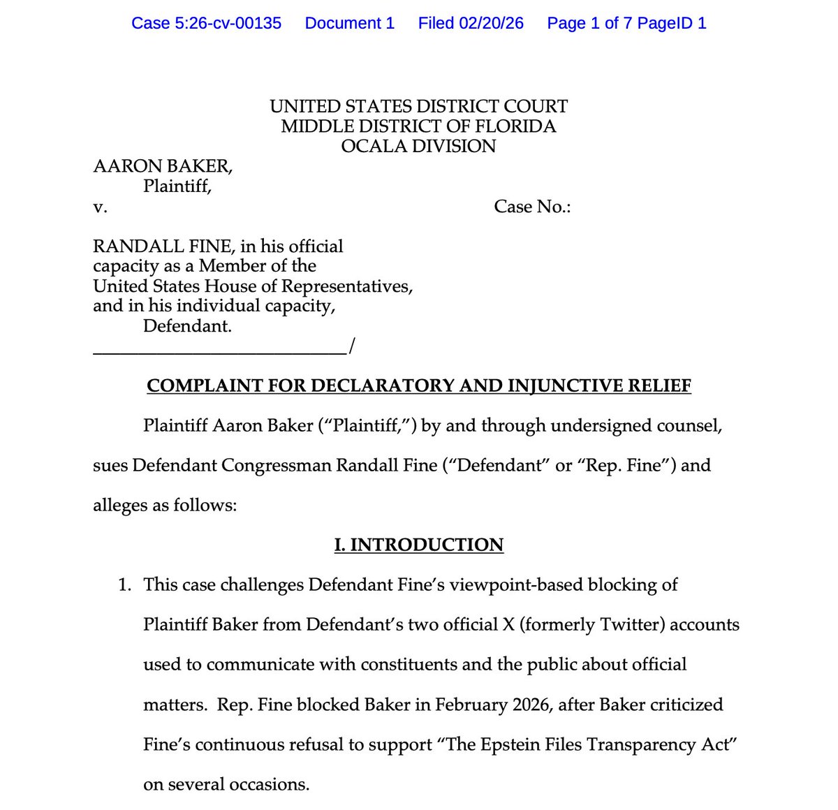 Today I filed a federal lawsuit to defend the First Amendment.

After I publicly criticized Randy Fine’s position on the Epstein Files Transparency Act, he blocked me from his official government X accounts.

When elected officials use social media as an official channel for