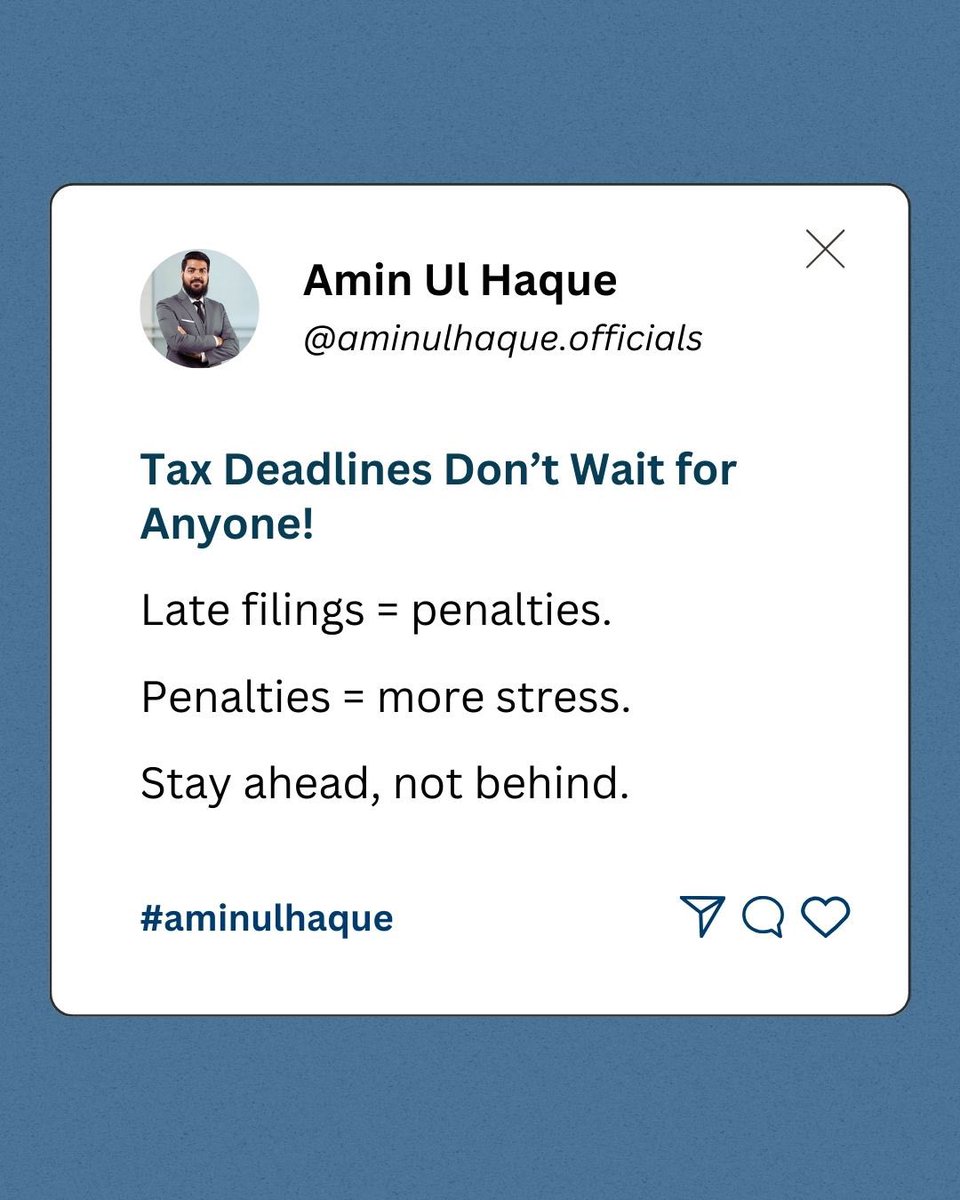 aminulhaque_'s tweet image. Avoid unnecessary penalties, file your taxes on time and stay stress-free!

#AminUlHaque #TaxDeadlines #FileTaxesOnTime #AvoidTaxPenalties #amin #TaxFilingTips #USATaxSeason #BusinessTaxHelp #AccountingServices #CFOservices #TaxPlanning #SmallBusinessTaxes