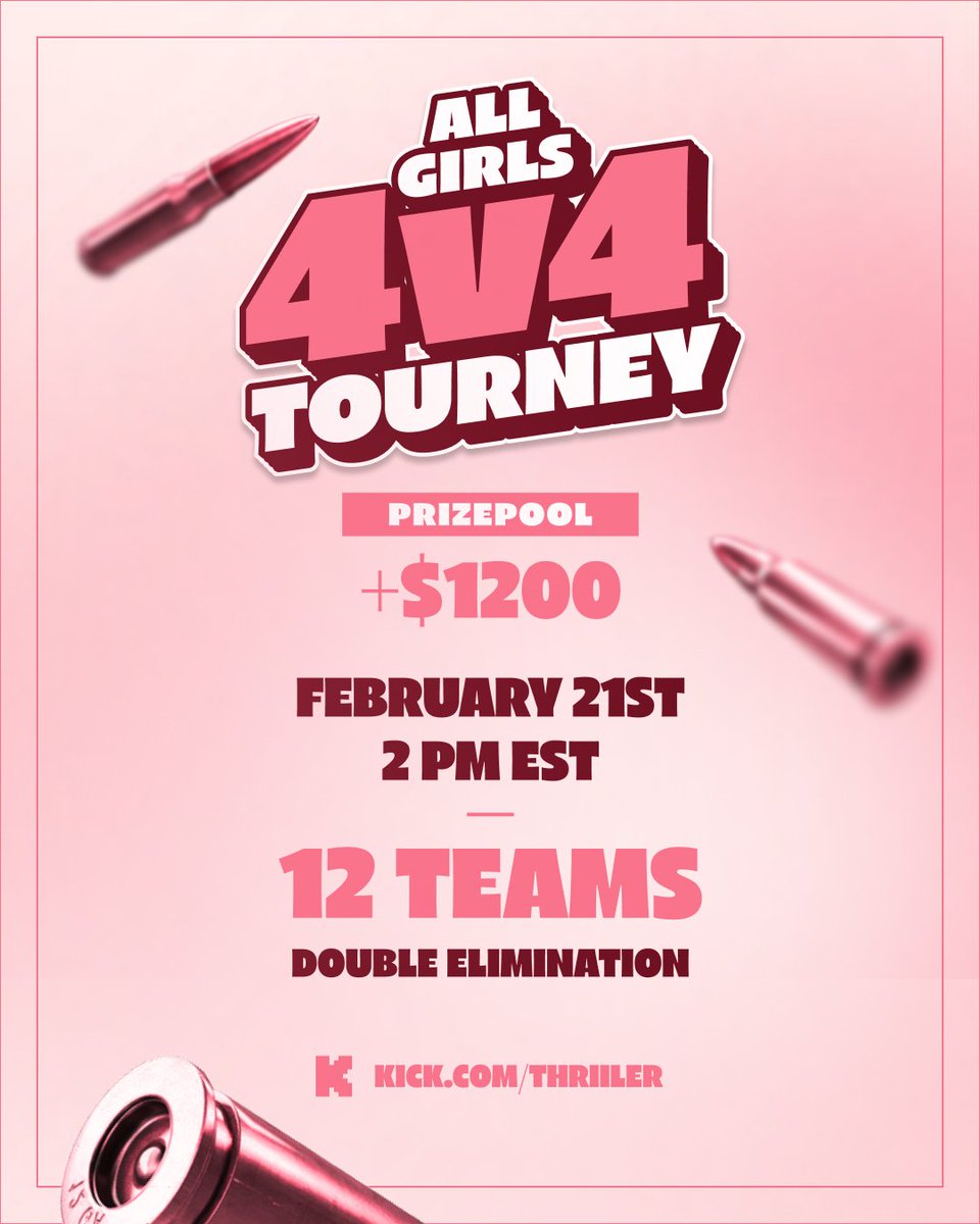GHOST THRILLER ALL GIRLS 4v4 TOURNEY 🏆

12 Teams 👀
💸 $1200+ Minimum

The most passionate tourney EVER🔒
📅 Tomorrow, 2pm EST
🟩 Kick/Thriiller