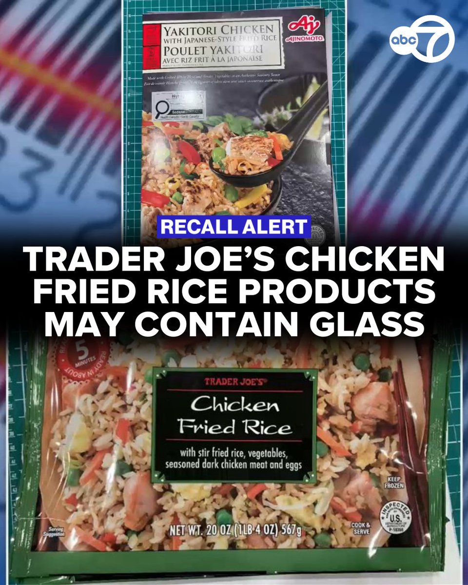 A Portland, Oregon, company is recalling nearly 3.4 million pounds of frozen chicken fried rice products sold at Trader Joe's stores and in Canada because they may contain pieces of glass, U.S. Agriculture Department officials reported.

Ajinomoto Foods North America Inc. pulled