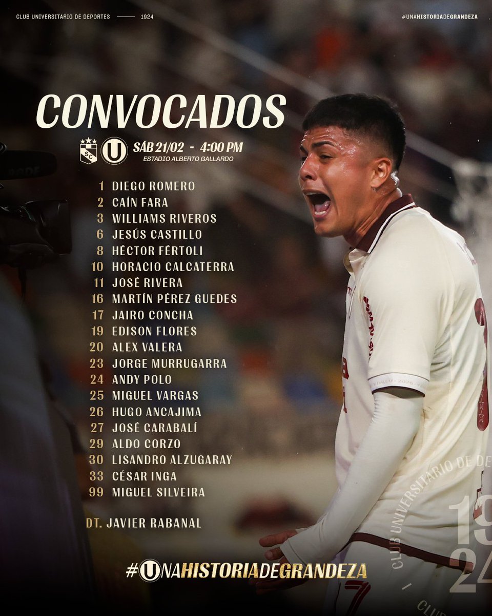 𝗟𝗜𝗦𝗧𝗔 𝗢𝗙𝗜𝗖𝗜𝗔𝗟 📋

Estos son nuestros convocados para enfrentar a <a href="/ClubSCristal/">Club Sporting Cristal</a> por la fecha 4 del Apertura 2026.

#UnaHistoriaDeGrandeza