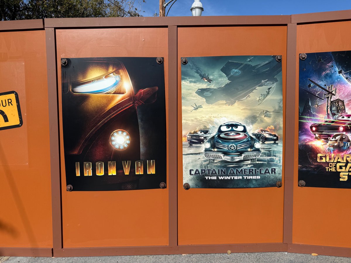 CritterClubHQ's tweet image. Cars parody posters of Avengers movies have been put on the work walls that separate the two lands, where a new restroom is being built. 

My personal favorite being Guardians of the Gas Station.