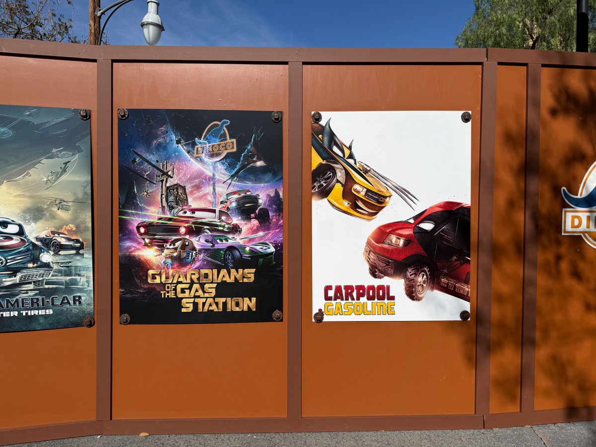 CritterClubHQ's tweet image. Cars parody posters of Avengers movies have been put on the work walls that separate the two lands, where a new restroom is being built. 

My personal favorite being Guardians of the Gas Station.