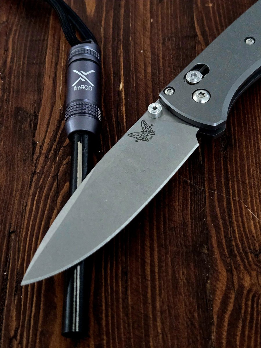 EstelaWildEd's tweet photo. Take a @BenchmadeKnives bugout and give it a titanium handle, magnacut blade, and all satin finished bits and you get this beauty. A truly classy folder that weighs only 2 ounces. Throws a mean spark from an @ExotacInc fire rod too. #edc #pocketknife #customizer https://t.co/EbHWSjV9v9