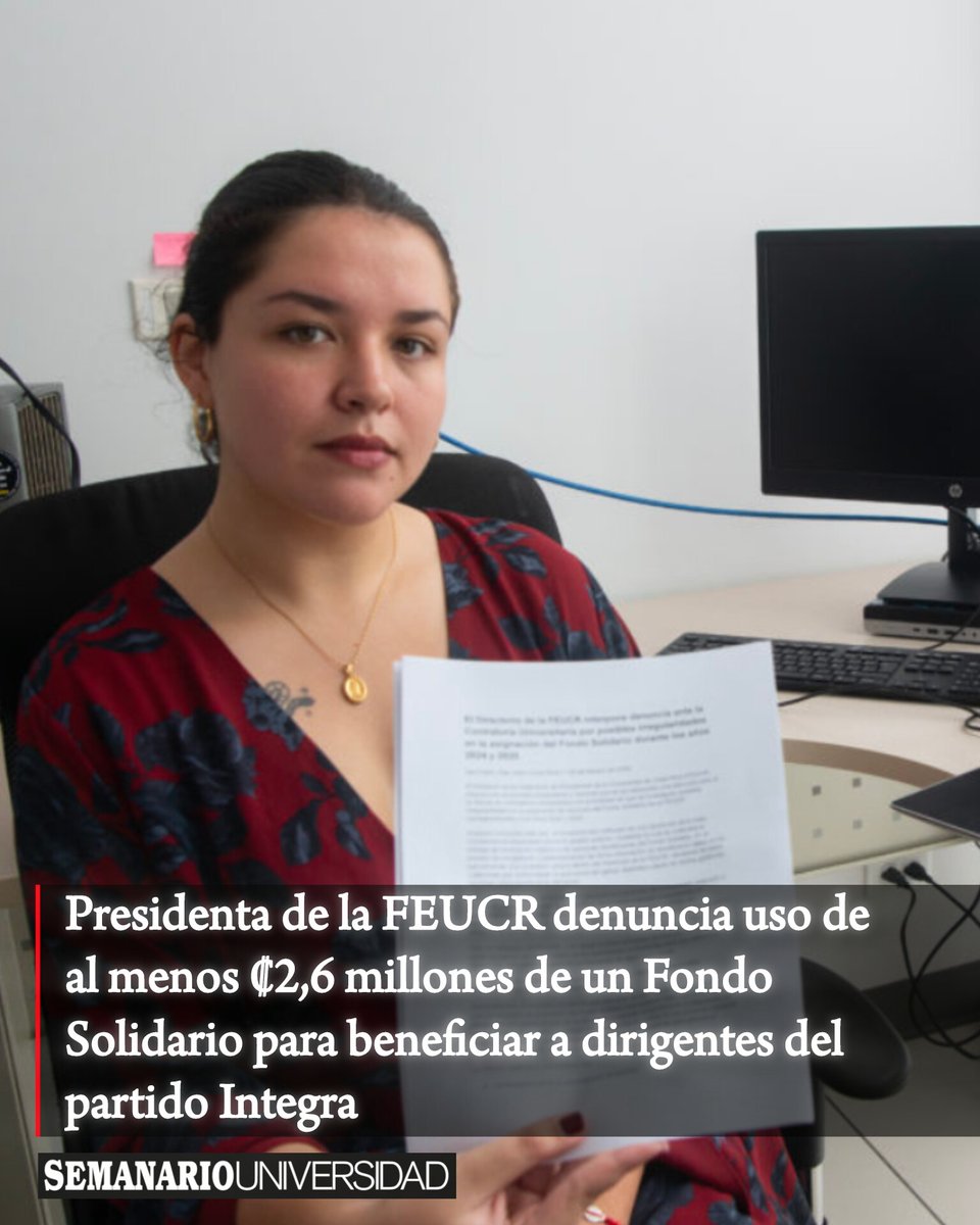 SemanarioU's tweet photo. #Universitarias. Presidenta de la FEUCR denuncia uso de al menos ₡2,6 millones de un Fondo Solidario para beneficiar a dirigentes del partido Integra
 https://t.co/csIKEuBV17 https://t.co/wHeElmDtnC