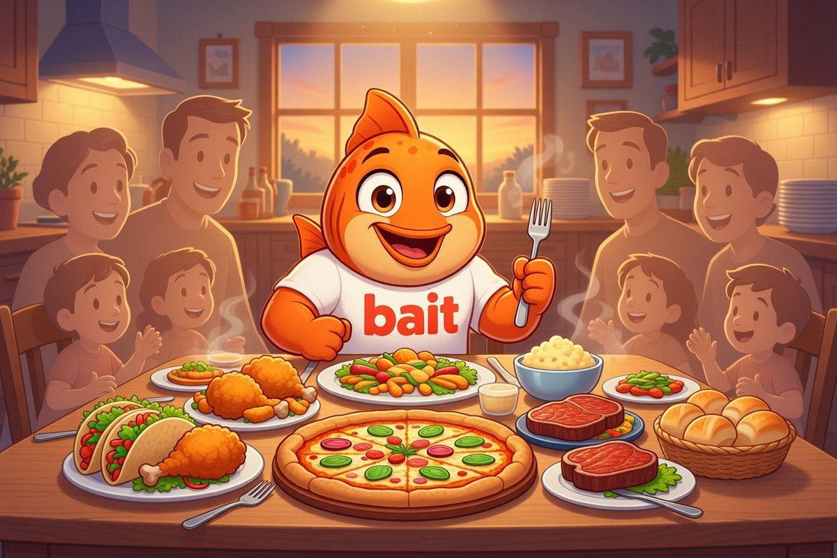 BAIT_COIN's tweet photo. 🎣 GOOD MORNING BAIT FAM — HAPPY FRIDAYYY

We made it through the week.
If Friday was a person I’d shake its hand, give it a hug, and say “I owe you one.” 🫡

Alright now important question…

What is the best family dinner meal of all time?

Is it pulling up to your grandparents’ house and there’s a full-on FEAST waiting?😏
Like plates everywhere, smells hitting you at the door, leftovers already claimed before you even sit down? 👨🏻‍🍳

Or is it:

🍗 That fried chicken that disappears in 5 minutes
🌮 Taco night where everyone’s overfilling their plate
🥩 Steak dinner when the whole family gets dressed up
🍕 Pizza night that somehow turns into a 2-hour laugh session

Is it home-cooked love?

Or going out somewhere that feels like a tradition?

No wrong answers. This is a safe space… unless you say something with mustard. Then we gotta talk. 😌

Drop your go-to family dinner meal below 👇
Make us hungry.

And shoutout to whoever’s cooking tonight — you’re carrying the culture.
#Bait #Food #grandma