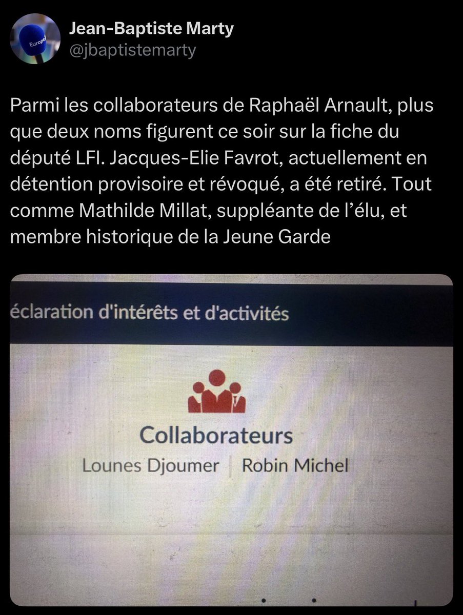 🚨 Depuis que les liens entre Mathilde Millat et la Jeune Garde ont été évoqués en exclusivité sur Europe 1 chez <a href="/christine_kelly/">Christine KELLY</a>, la suppléante de Raphaël Arnault n’apparaît plus parmi les collaborateurs.