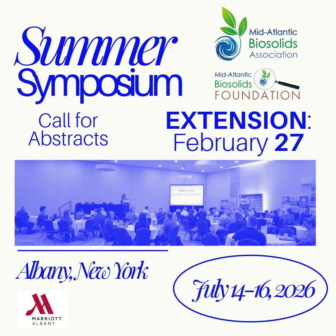 Abstract submission deadline extended to Friday, February 27

Don't miss your chance to apply to present at the 2026 MABA Summer Symposium!

Submit your abstract here: docs.google.com/forms/d/e/1FAI…

Questions? Contact Mary Baker at mbaker@mabiosolids.org.