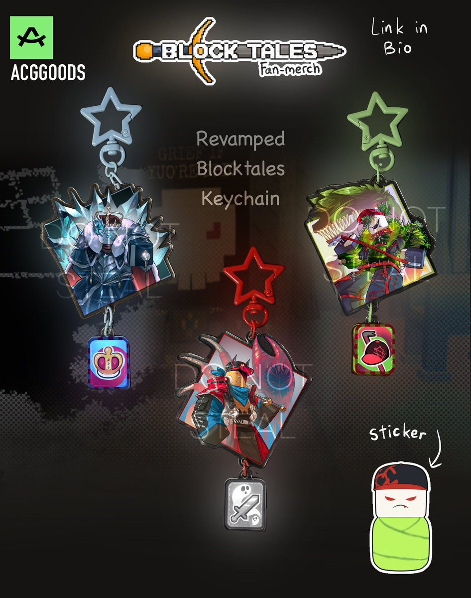 Blocktales keychain revamped!
They have cards now instead of swords
+ Pill baby griefer sticker

acggoods.com/store/catnip

#BlockTales #griefer #cruelking #blocktaleshatred