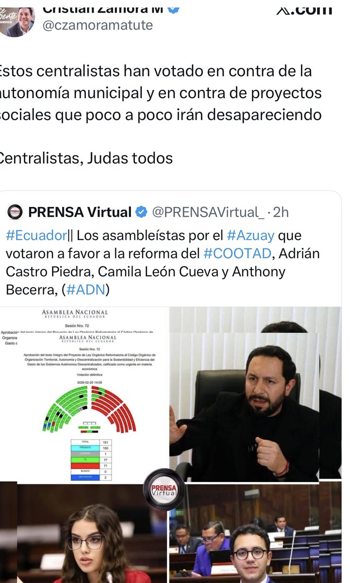 Se acabó el Coordinador para que coordine al Coordinador del Coordinador. El alcalde de Cuenca <a href="/czamoramatute/">Cristian Zamora M</a> rechazó la aprobación en la Asamblea de las reformas al COOTAD y el Asambleista del gobierno, Adrián Castro, le recomendó que mejor saque a la argolla de suertudos que