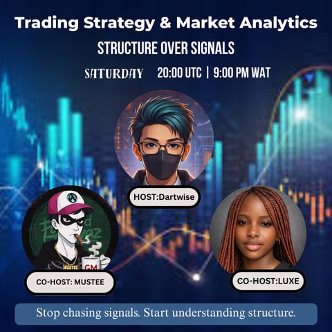 Join us live on X Space – Structure Over Signals | Live Trading Discussion

🗓 Saturday | 20:00 UTC | 9:00 PM WAT

🔗 x.com/i/spaces/1vKpP…

Host: @dartwisedev
Co-Hosts: <a href="/LuxeTradia/">Luxe</a> <a href="/mustycyber/">Mustee_Cyber</a>

Speakers will have the chance to come up and share insights.